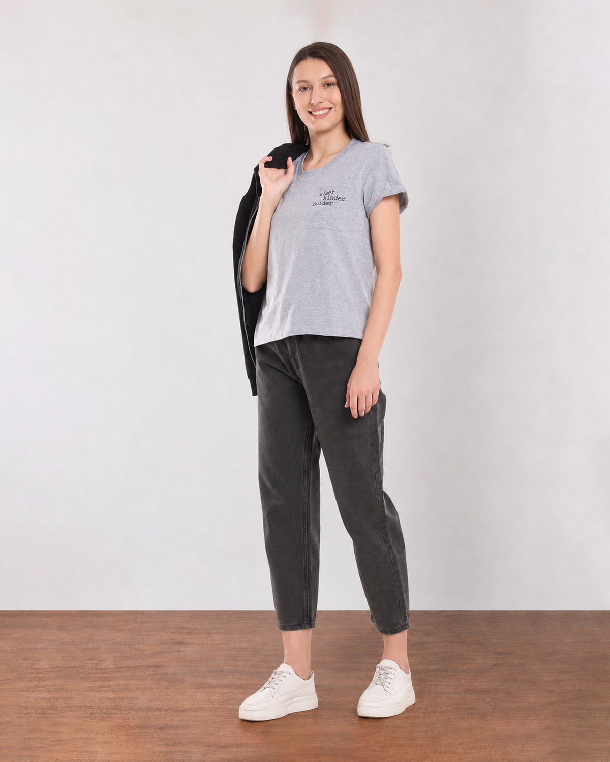 Gazillion Christiana grey melange loose t-shirt with Wiser Kinder Bolder pocket print, full-length front view