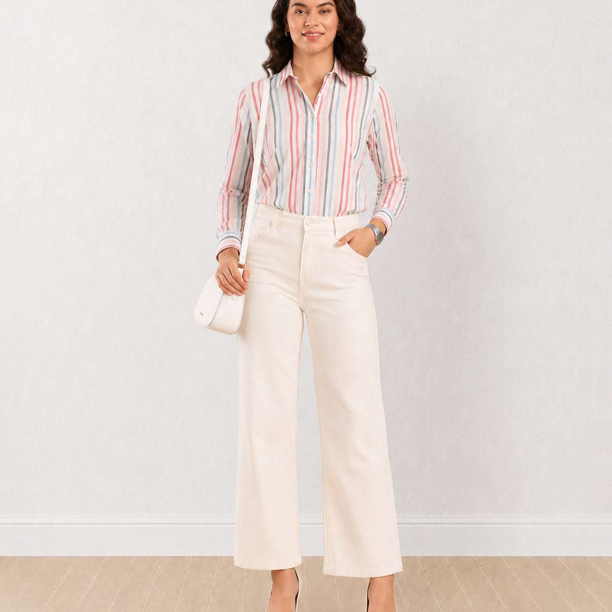 Gazillion Dali multi colour striped cotton formal shirt for women, full-length front view