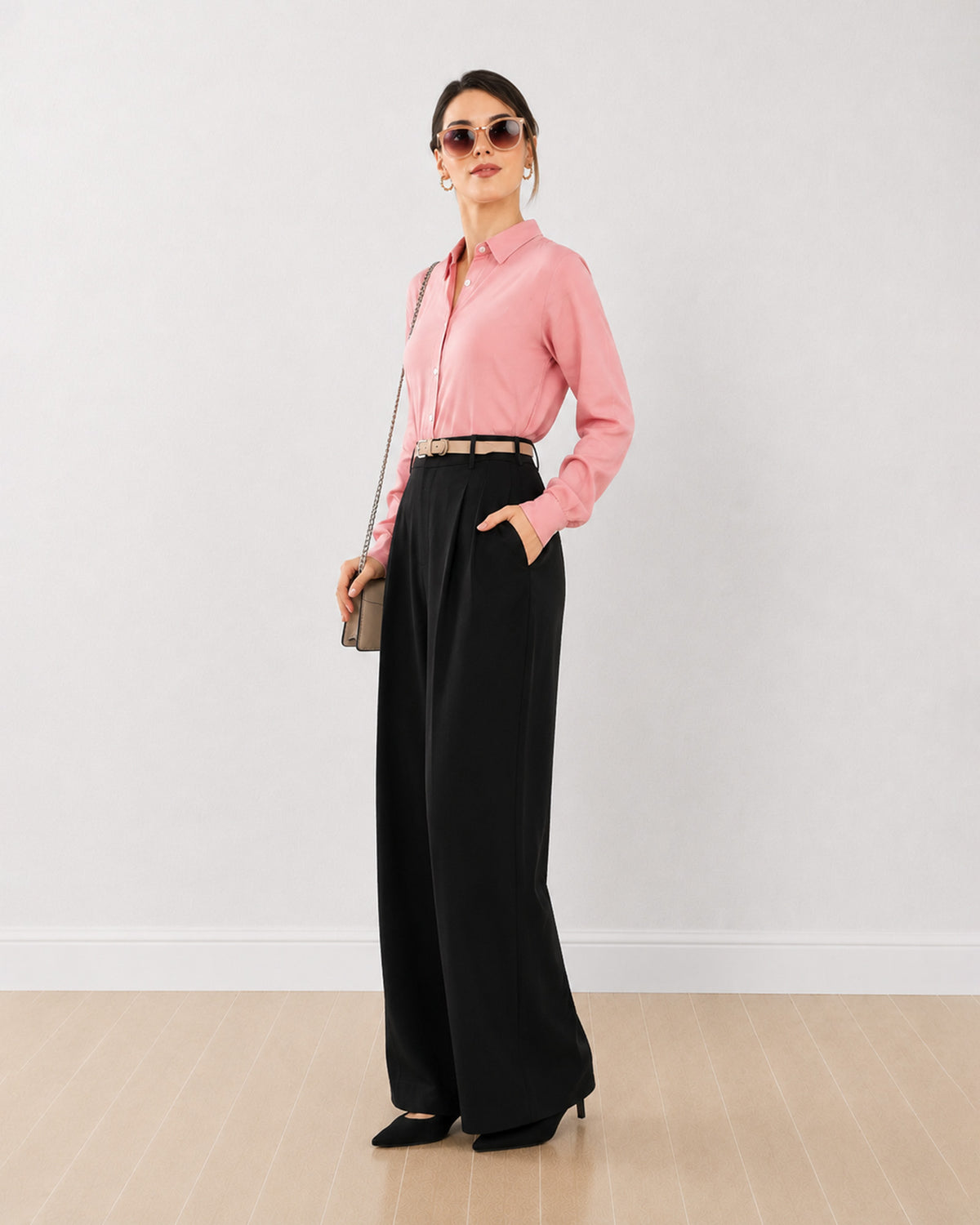 Dalia pink viscose tailored formal shirt with a snug fit, angled front view