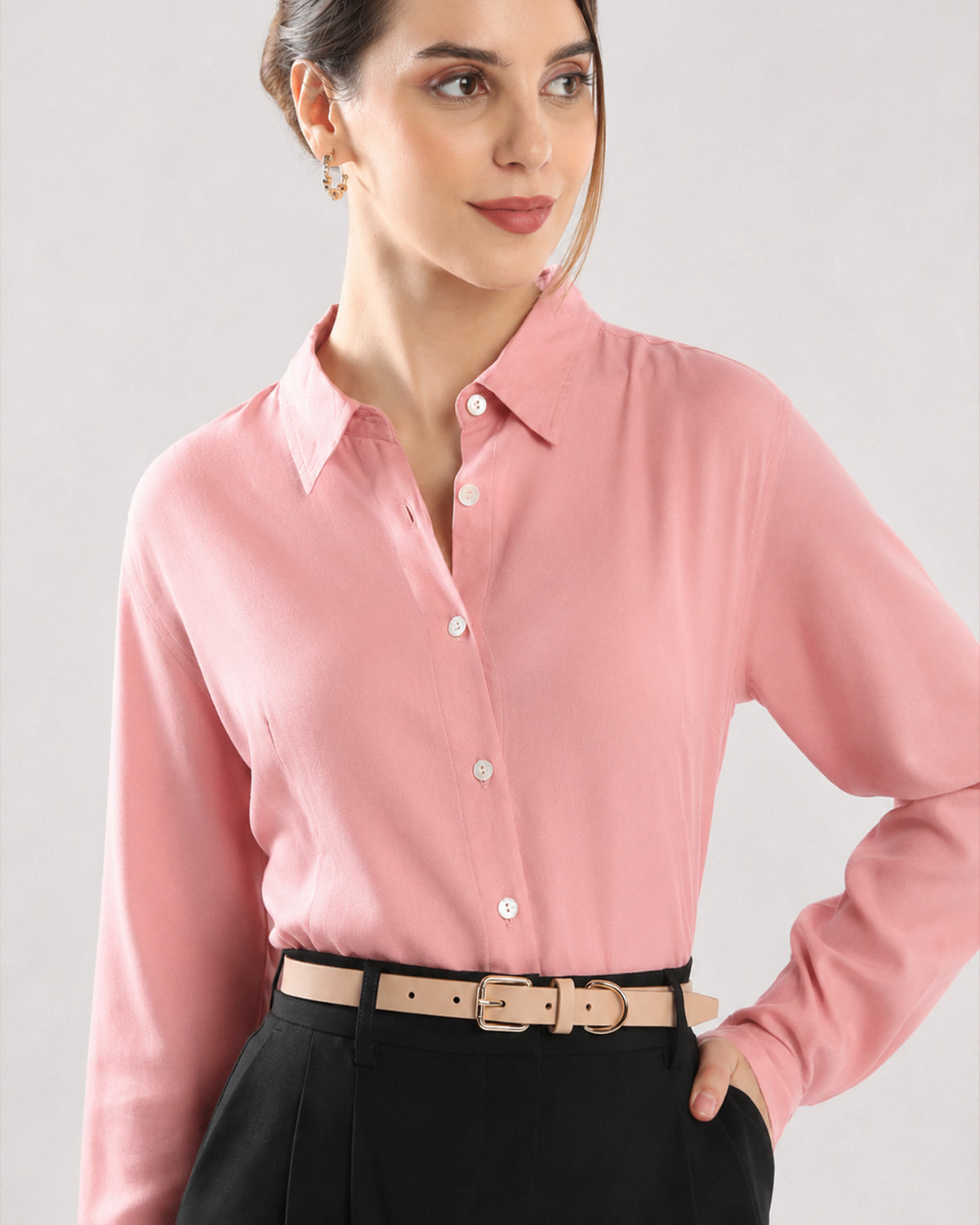 Dalia pink viscose shirt showing the classic collar and placket with hidden dignity buttons