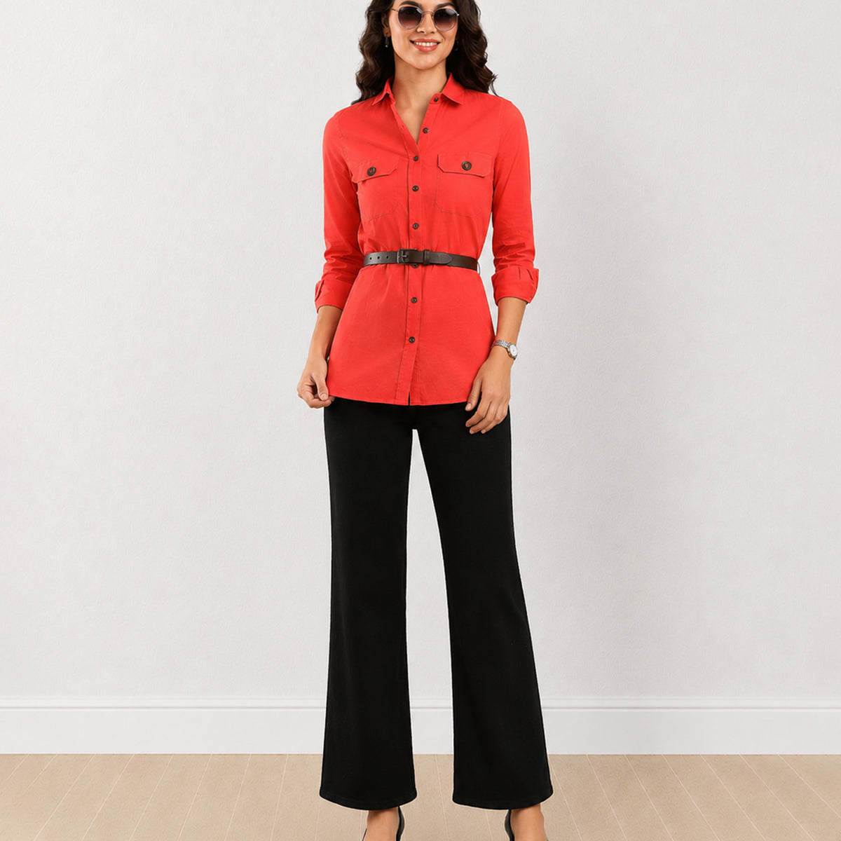 Gazillion Dalton orange shirt with leather belt for women, full-length front view