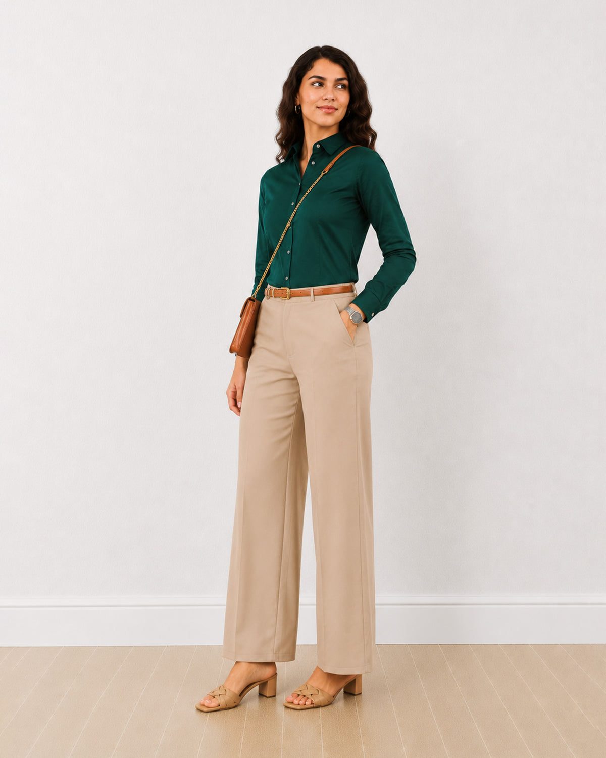 Dame bottle green formal shirt with full sleeves, angled front view