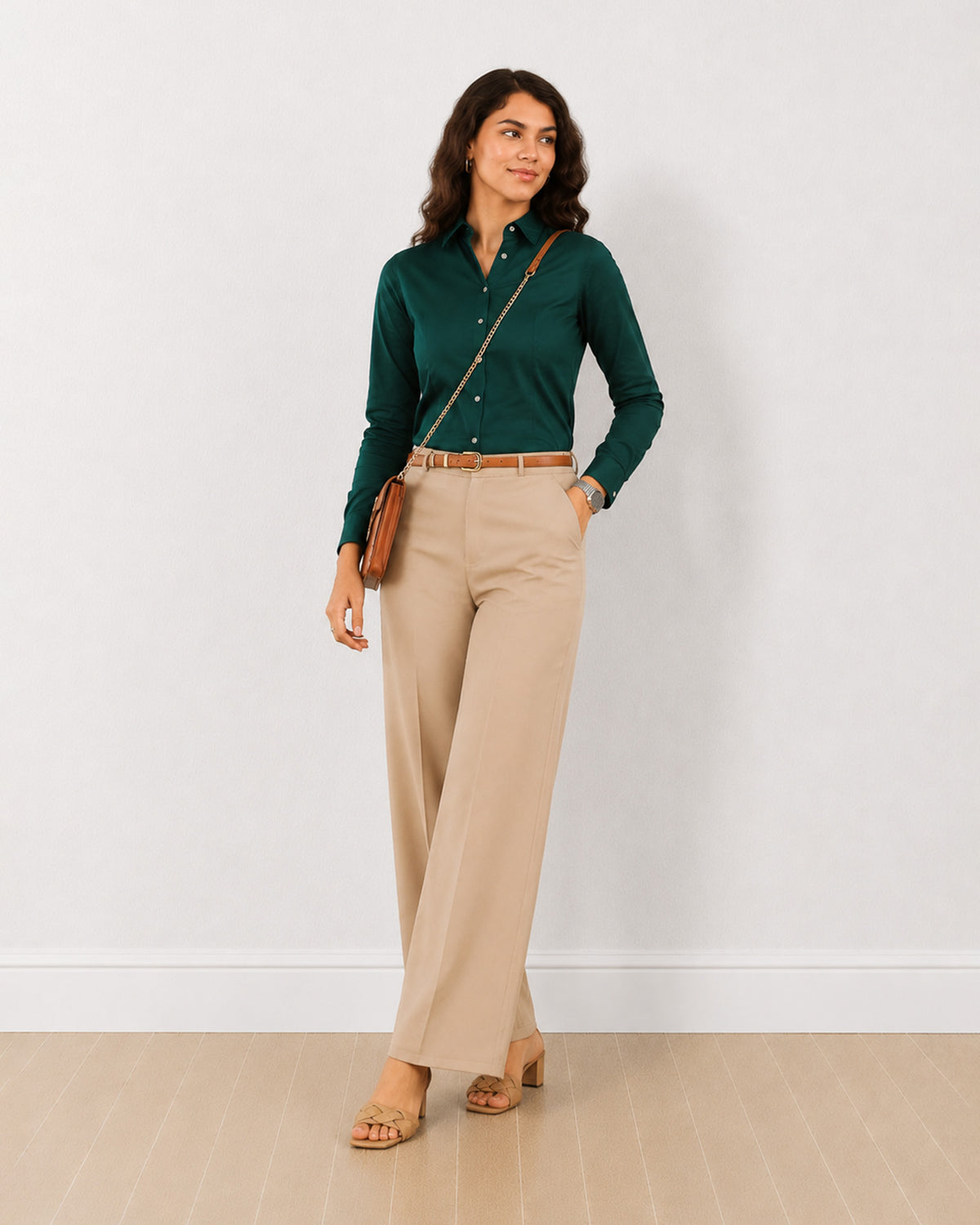 Dame bottle green stretch cotton tailored shirt with a snug fit and full sleeves, angled front view