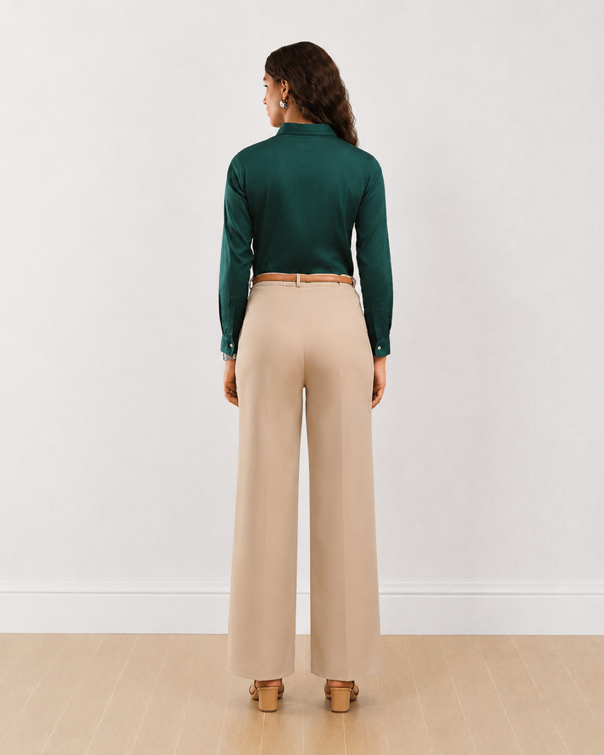 Dame bottle green formal shirt, back view showing the back waist darts and full sleeves
