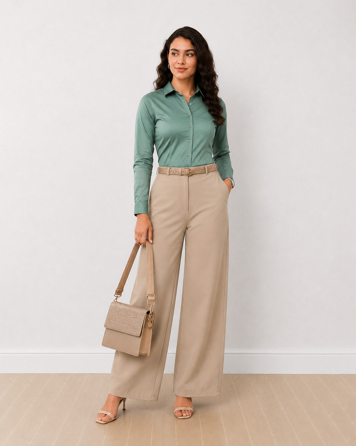 Dame sage green formal shirt with full sleeves and a classic collar, angled front view