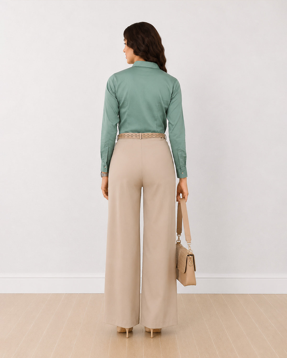 Dame sage green formal shirt, back view showing the back waist darts and full sleeves
