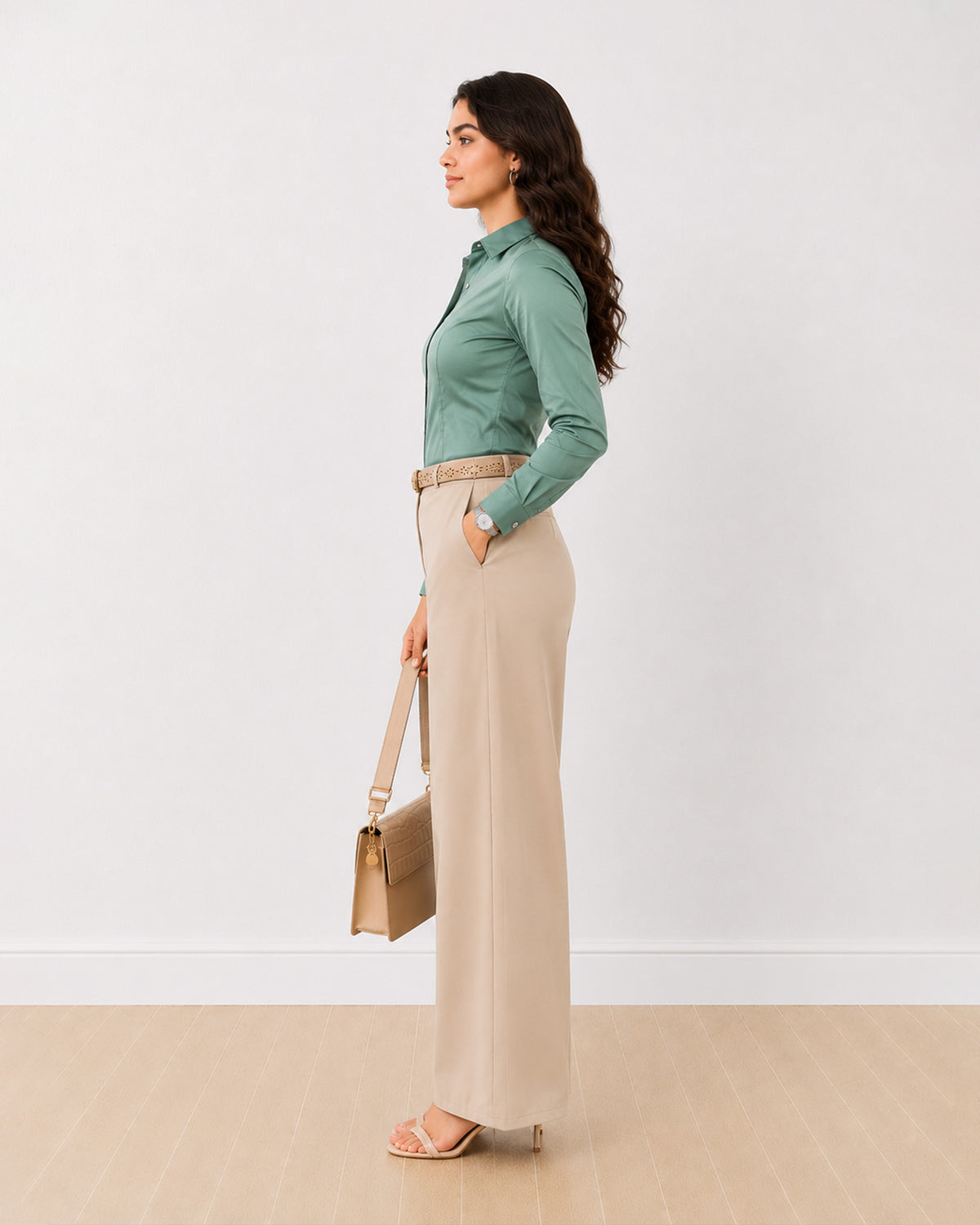 Dame sage green tailored shirt with a slim fitted silhouette, side profile view