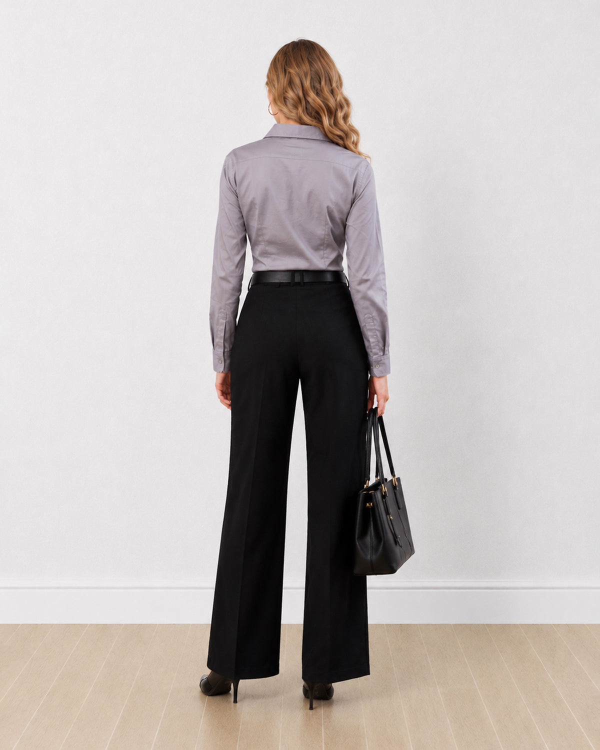 Dame steel grey formal shirt, back view showing the back waist darts and shoulder yoke
