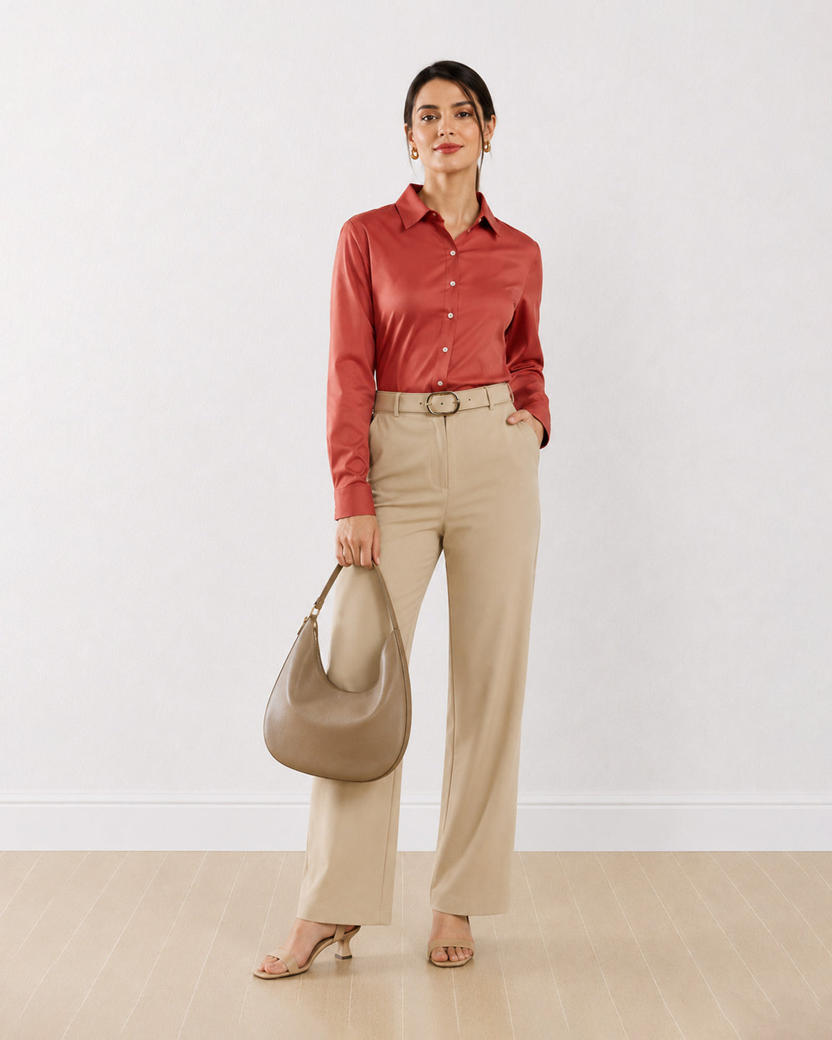 Dame terracotta brown formal shirt with full sleeves, angled front view