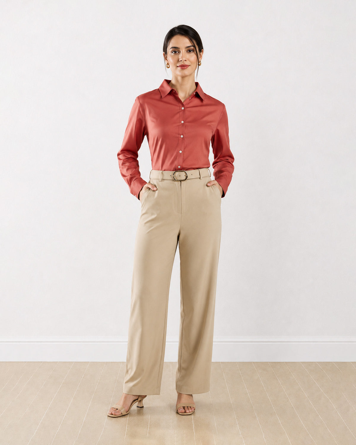 Dame terracotta brown stretch cotton tailored shirt with a snug fit and full sleeves, angled front view