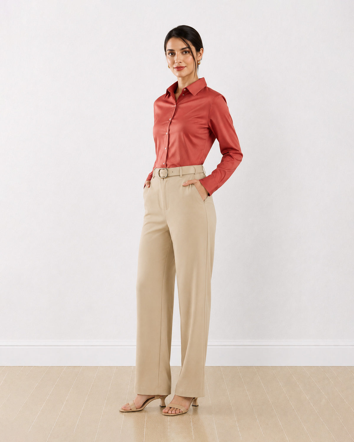 Gazillion Dame terracotta brown formal shirt for women, full-length front view