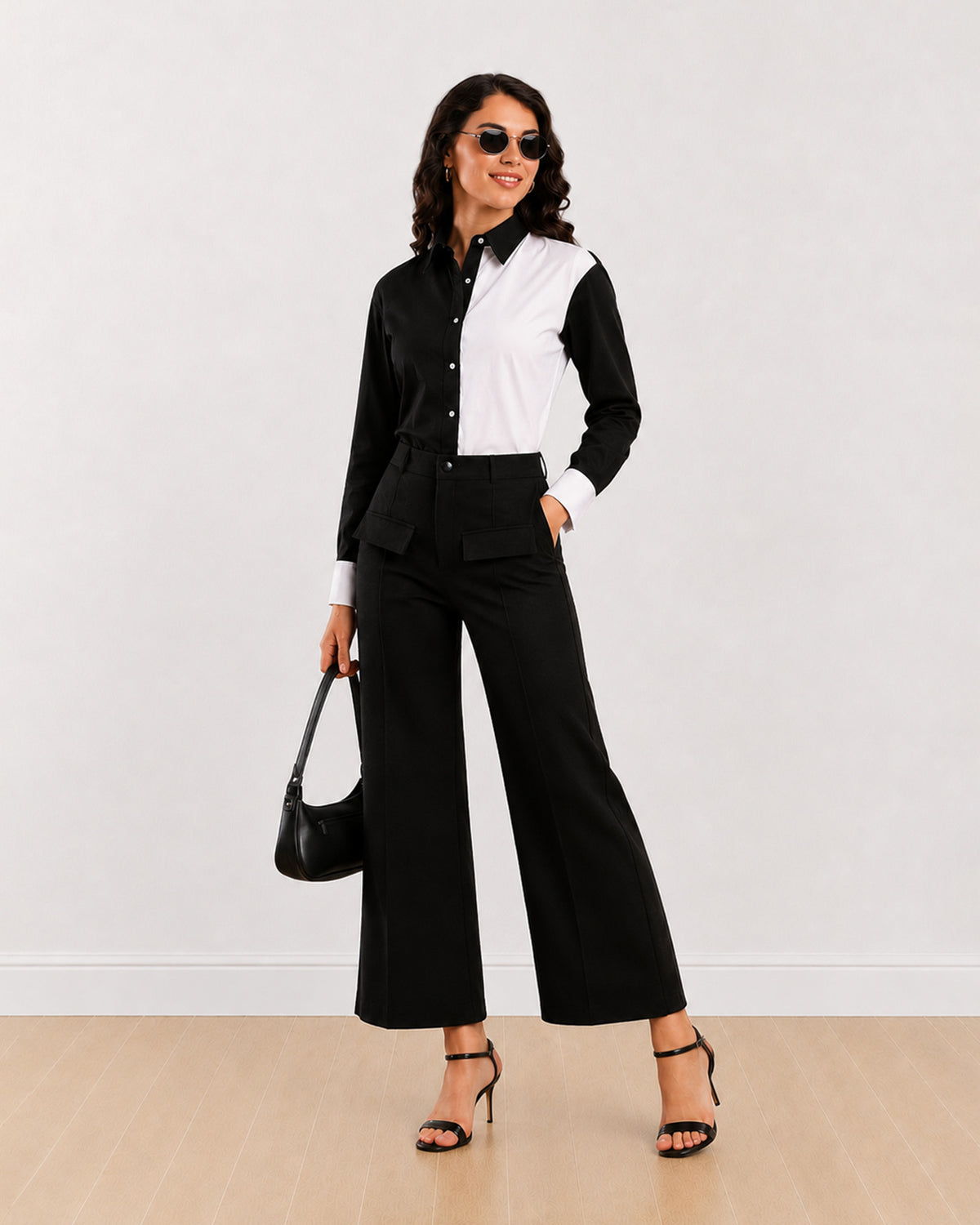 Dana colour blocked cotton shirt with black full sleeves and white cuffs, angled front view