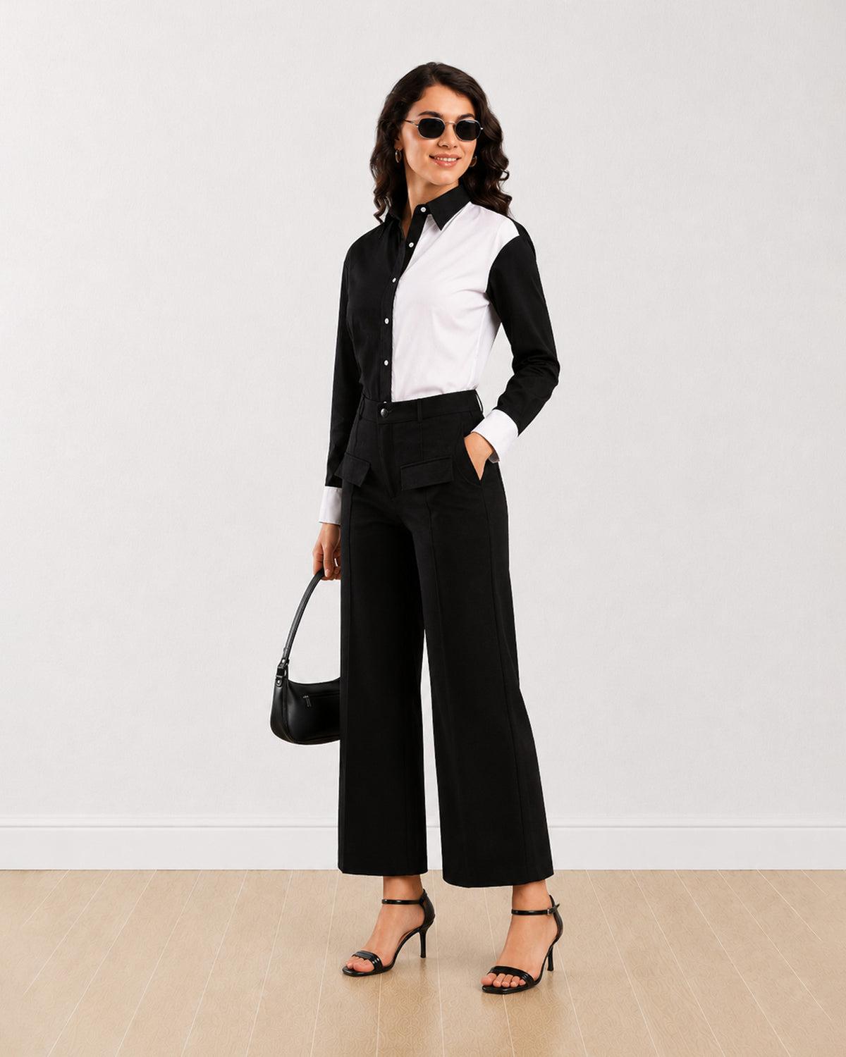 Dana black and white colour blocked shirt with an oversized fit, angled front view