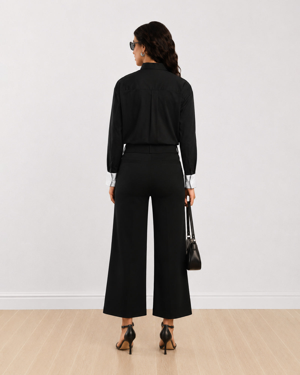 Dana colour blocked cotton shirt, back view showing the all black back and white cuffs