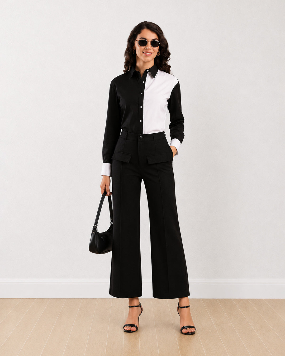 Gazillion Dana black and white colour blocked cotton shirt for women, full-length front view