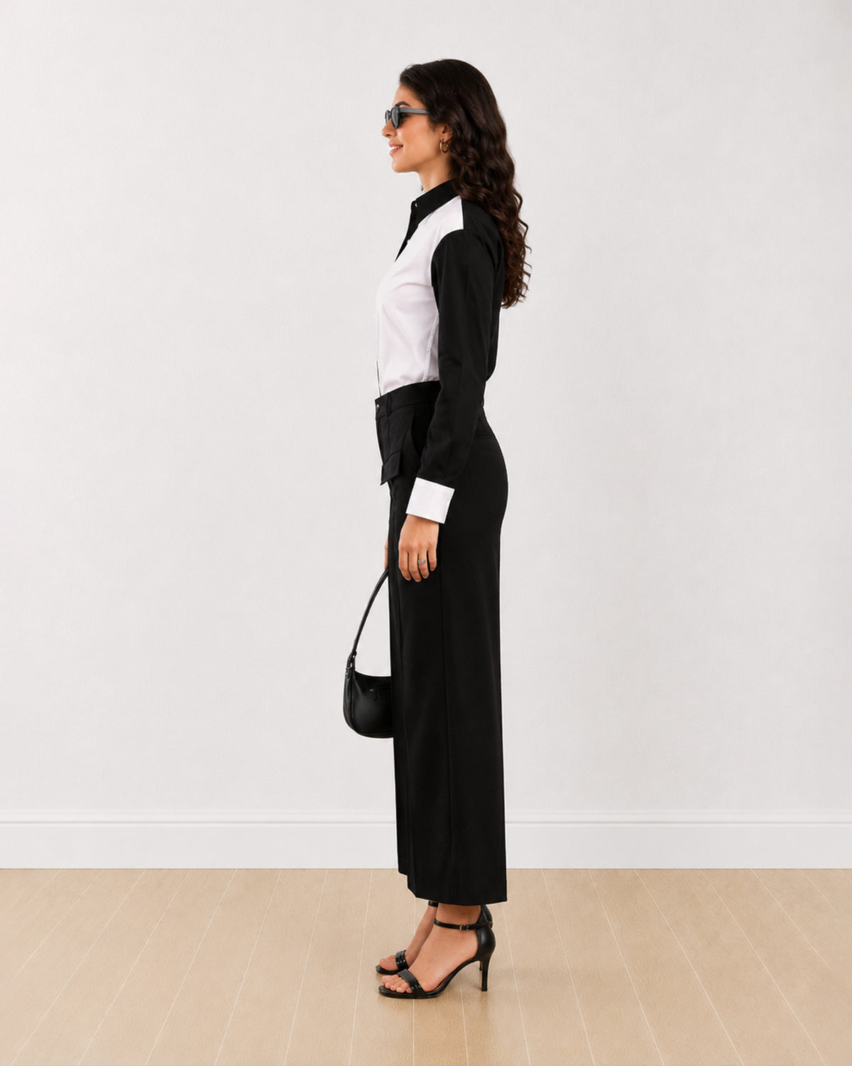 Dana black and white cotton twill colour blocked shirt with a relaxed fit, side profile view