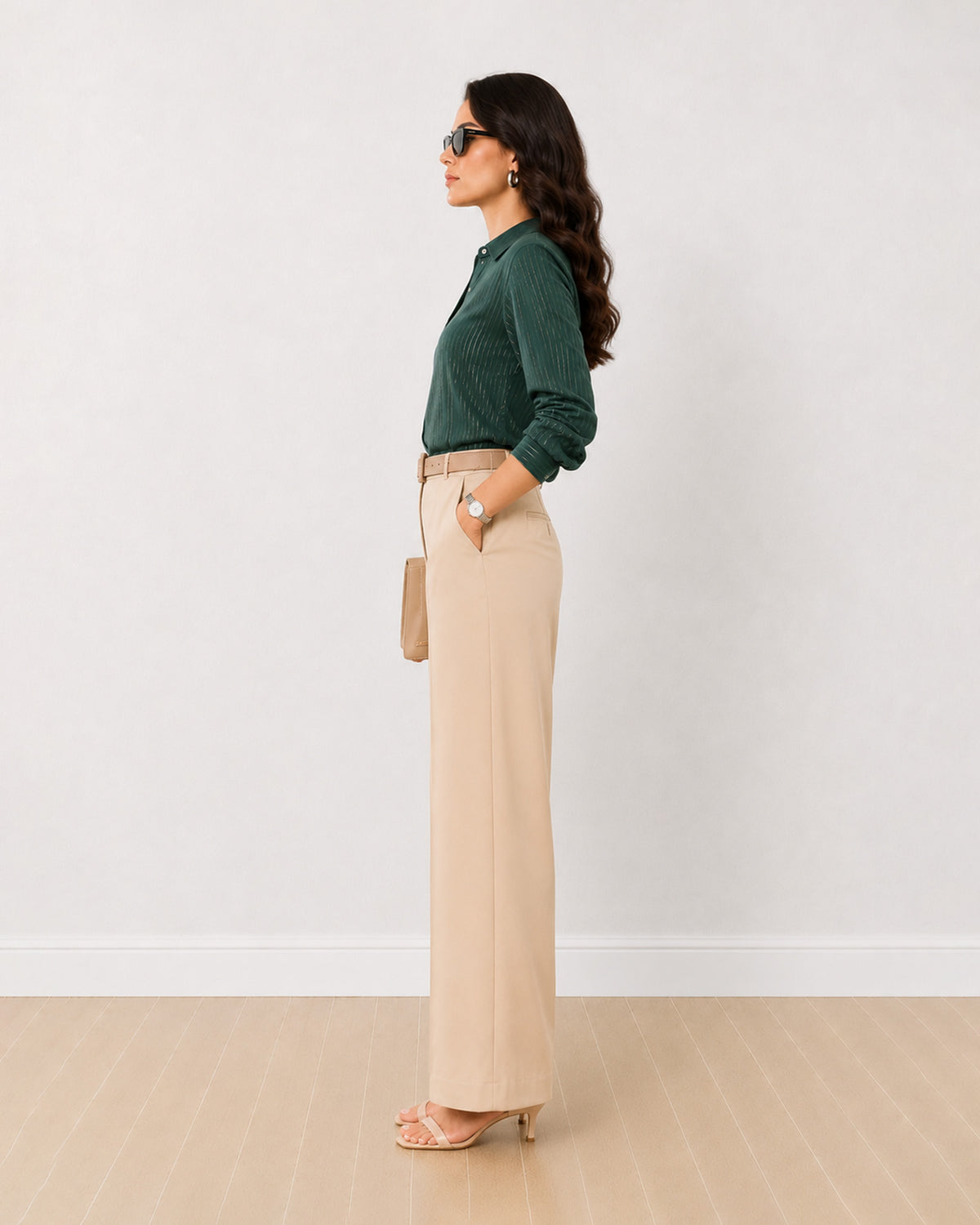 Daphne bottle green striped viscose shirt with full drop shoulder sleeves, side profile view
