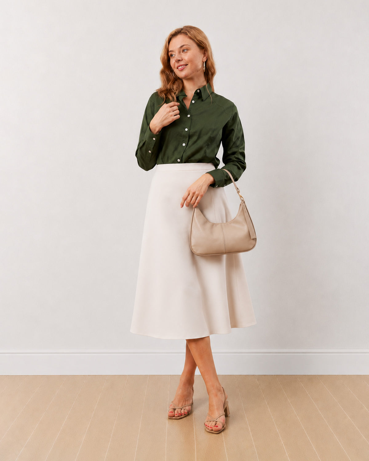 Darleen olive green formal shirt with full sleeves, angled front view