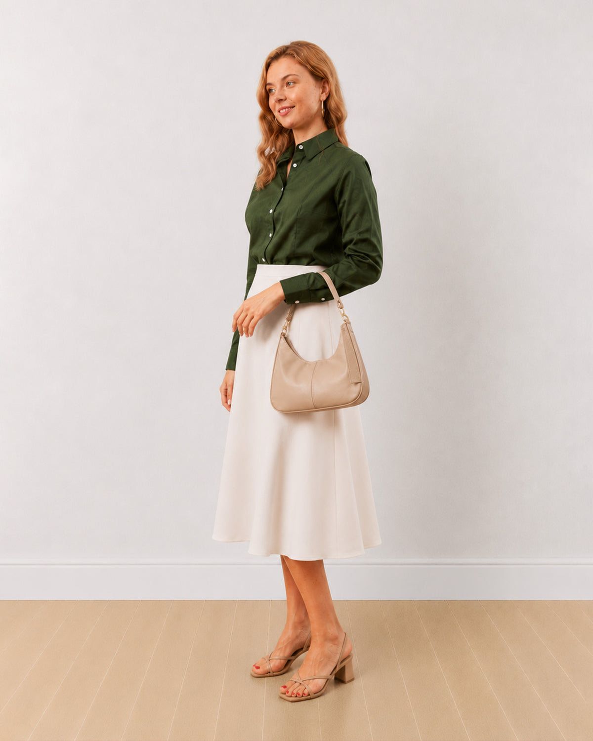 Darleen olive green formal shirt with front waist darts for a snug fit, angled front view