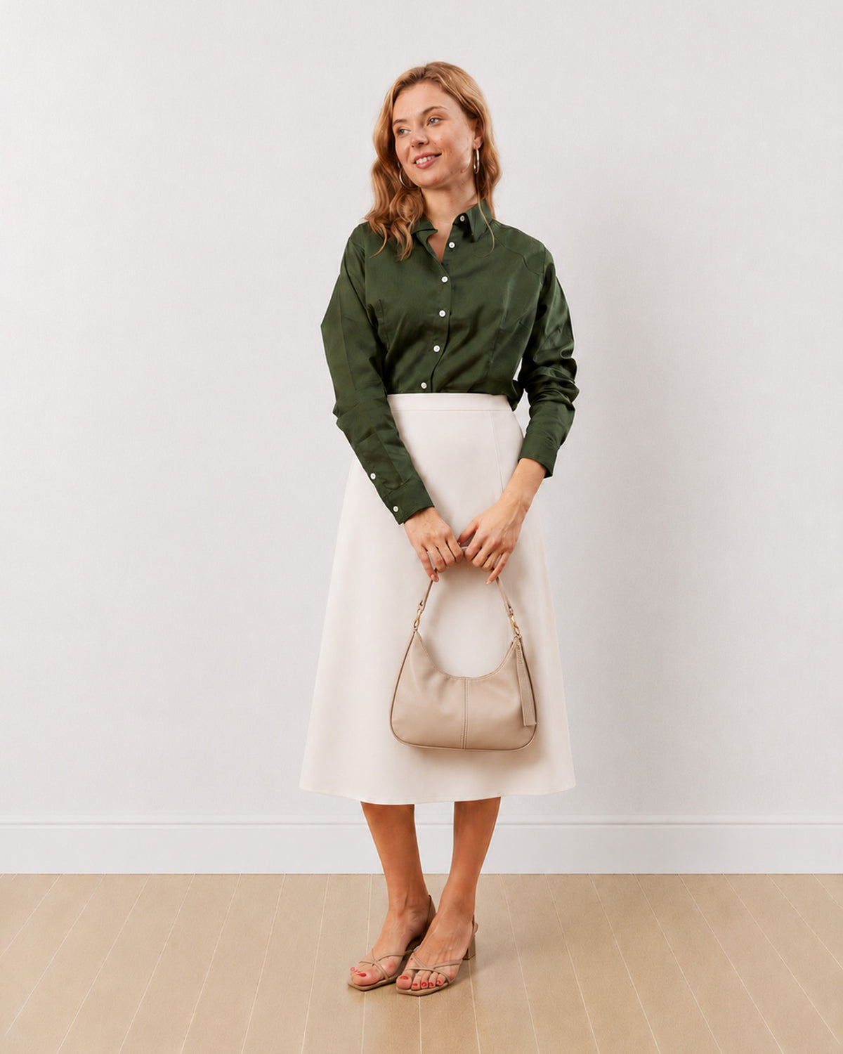 Gazillion Darleen olive green formal shirt for women, full-length front view