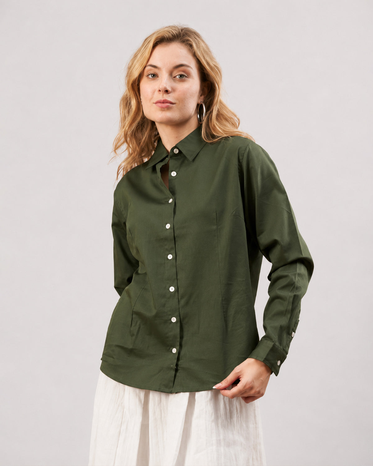 Darleen olive green self striped shirt showing the front placket with contrast dignity buttons