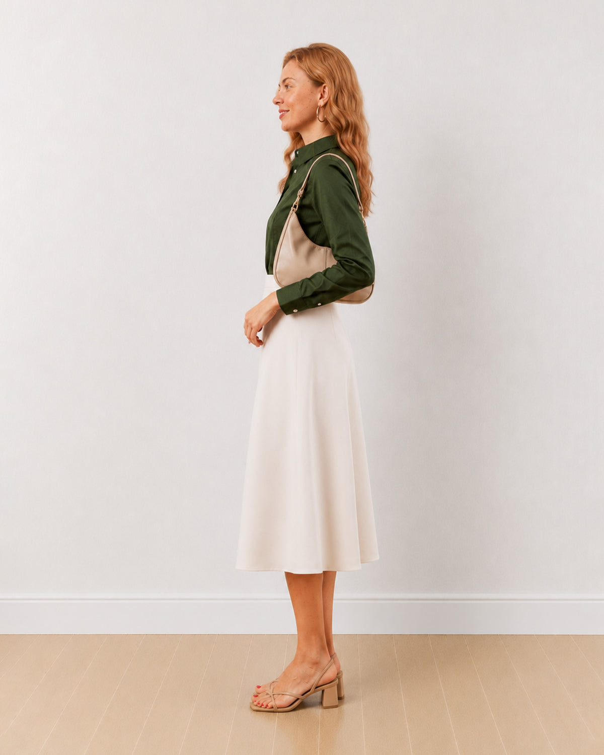Darleen olive green tailored shirt with a fitted silhouette, side profile view