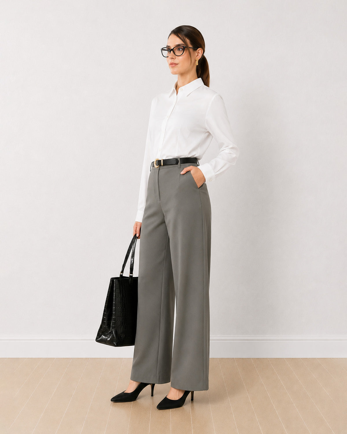 Darleen white formal shirt with full sleeves, angled front view