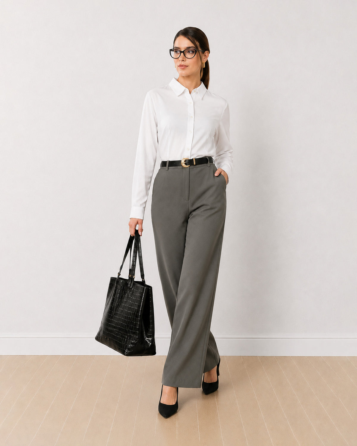 Darleen white formal shirt with a curved hem and a snug fitted shape, angled front view