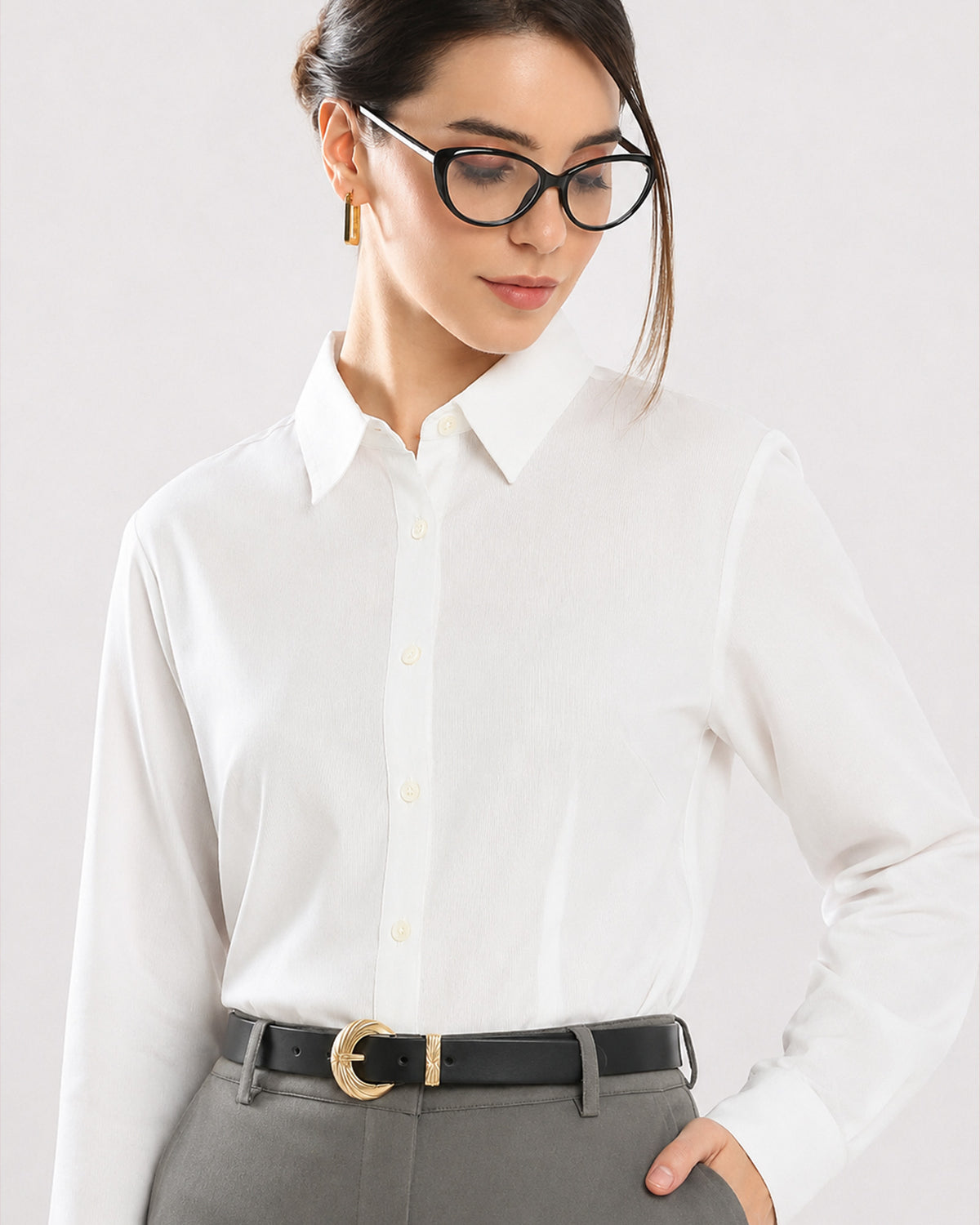 Darleen white self striped shirt with front waist darts and a horn button placket, front view