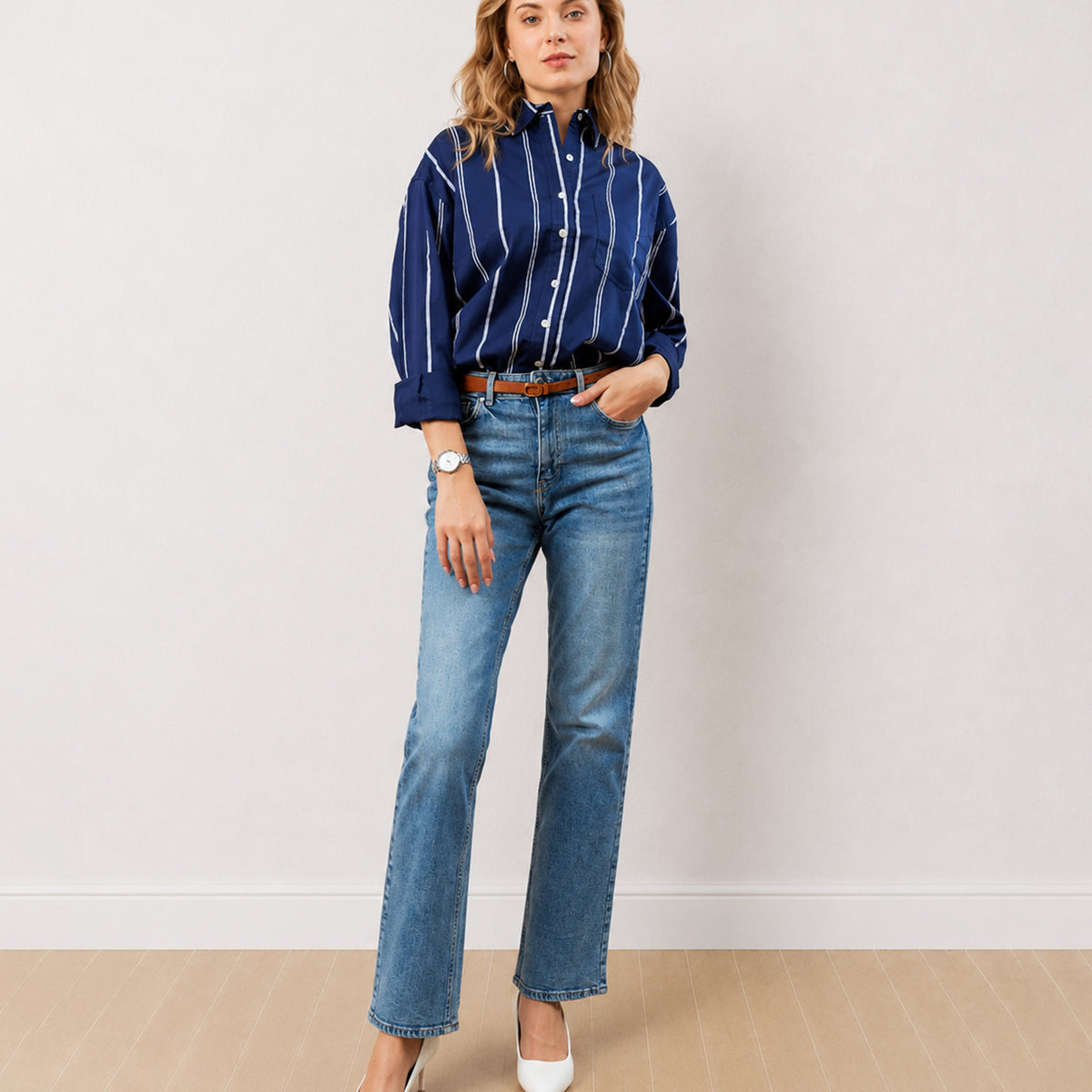 Gazillion Darlina navy blue striped cotton oversized shirt for women, full-length front view