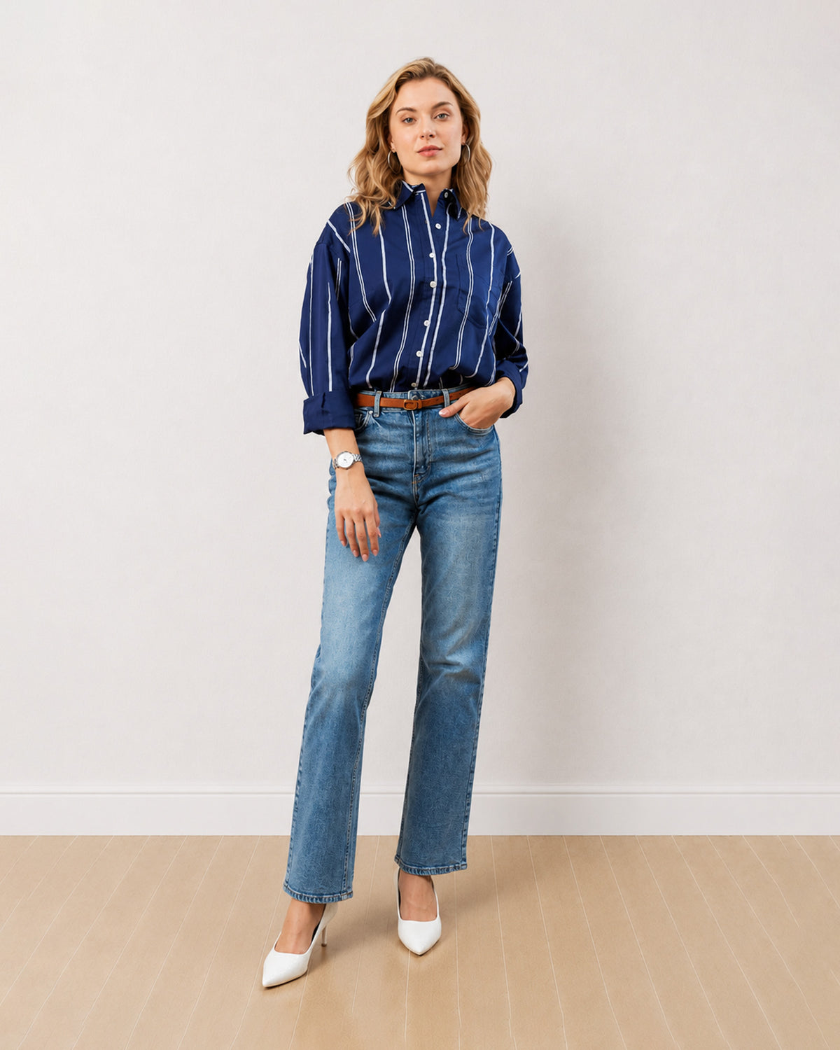 Gazillion Darlina navy blue striped cotton oversized shirt for women, full-length front view