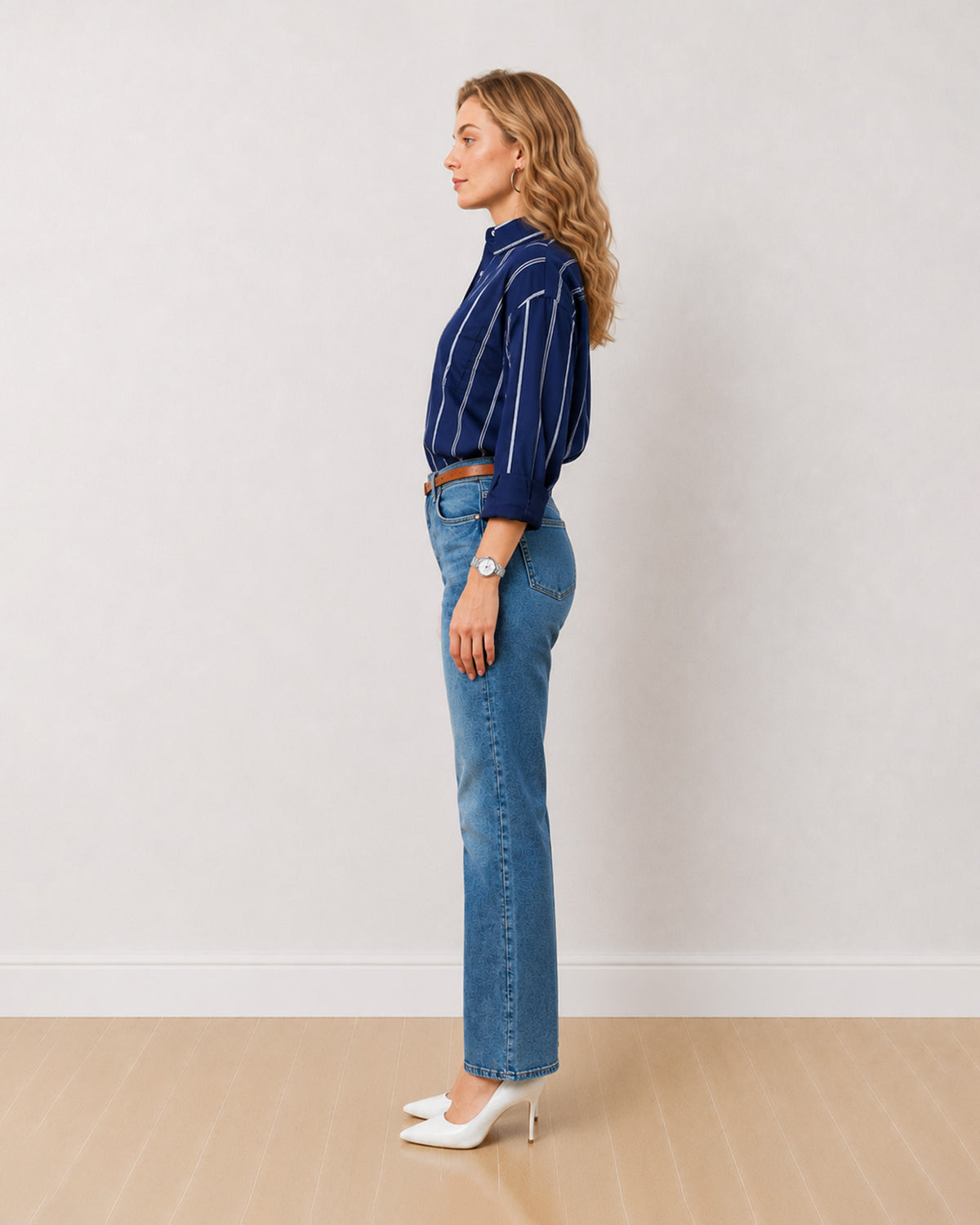 Darlina navy blue striped oversized shirt with a drop shoulder, side profile view