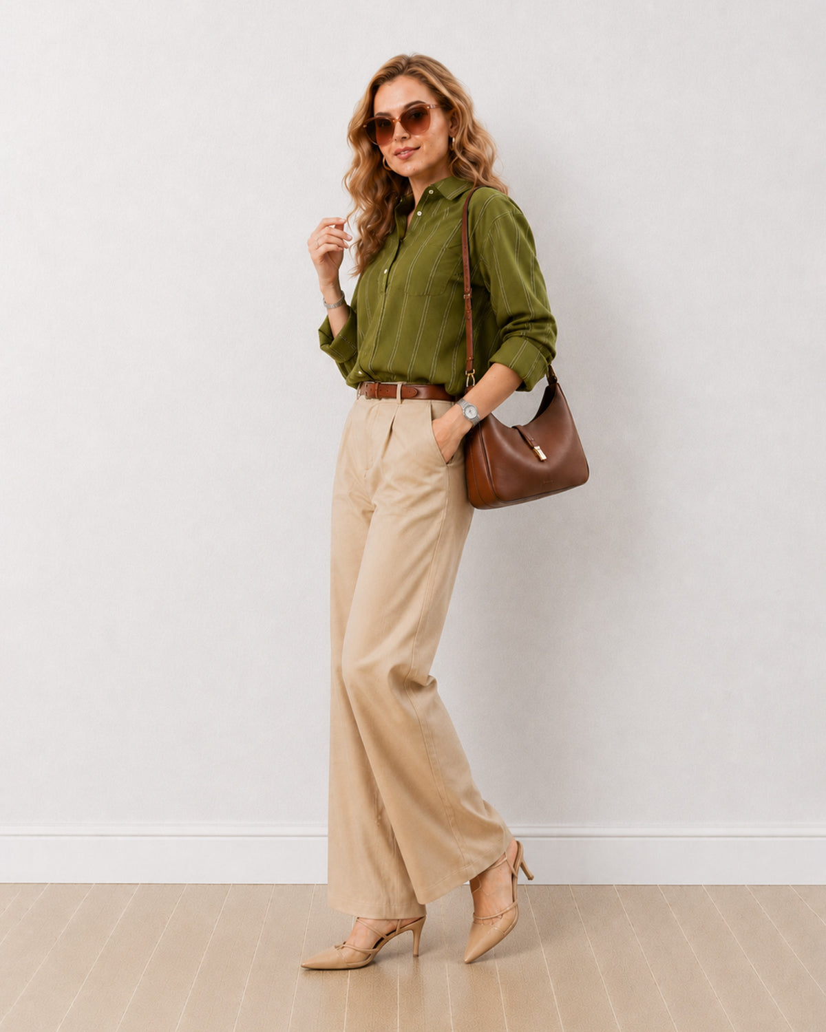 Darlina olive green striped cotton oversized shirt with a relaxed fit, angled front view