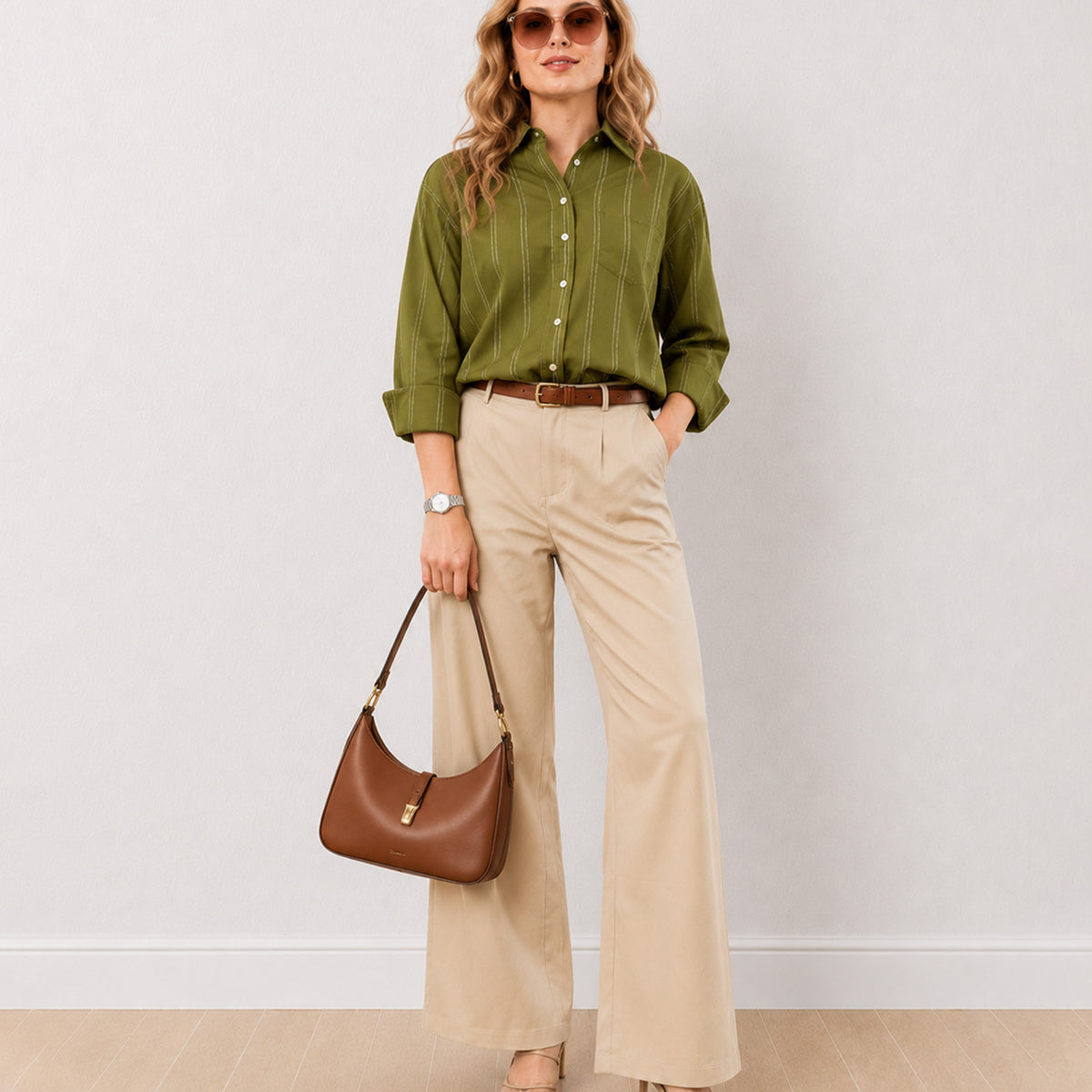Gazillion Darlina olive green striped cotton oversized shirt for women, full-length front view