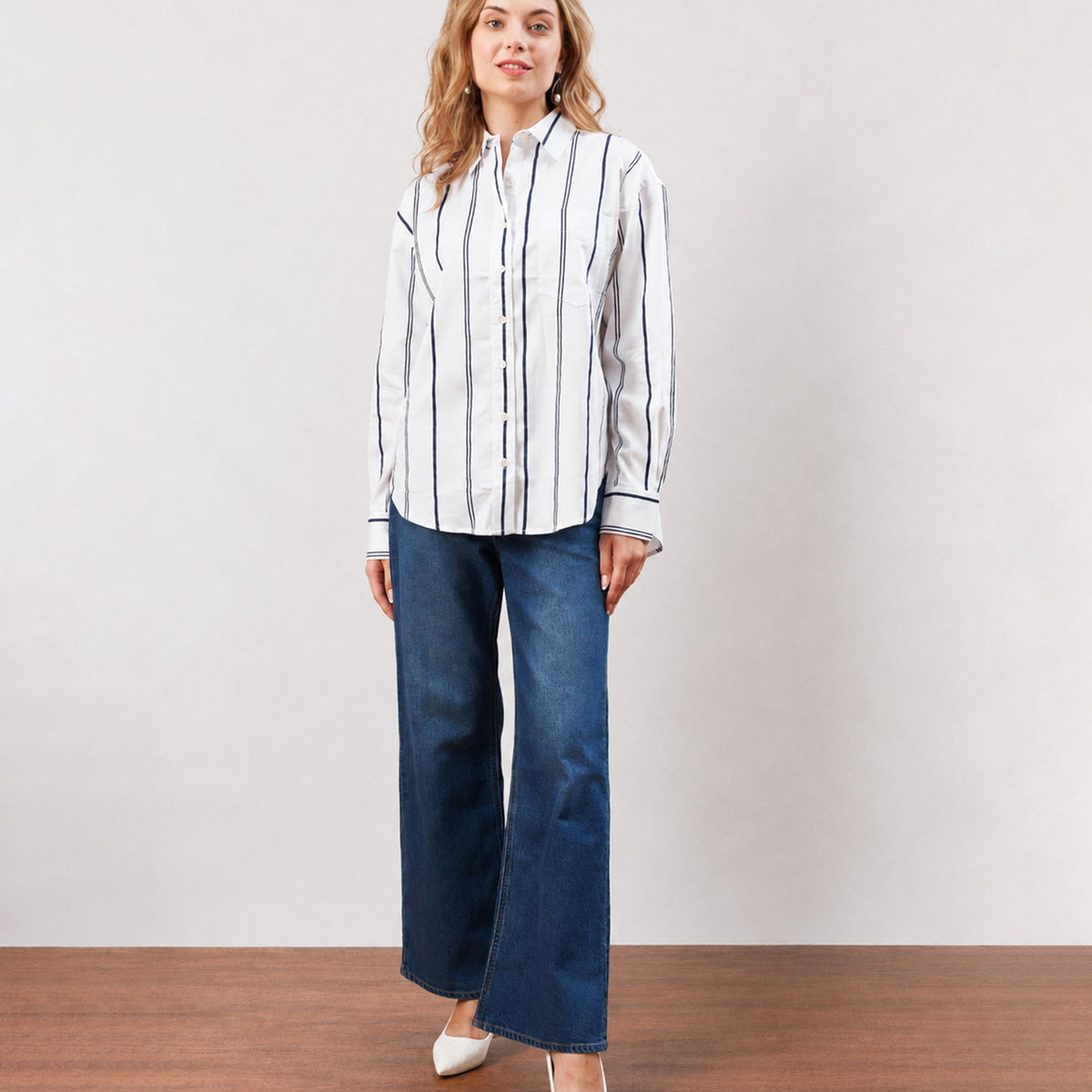 Gazillion Darlina white striped cotton oversized shirt for women, full-length front view