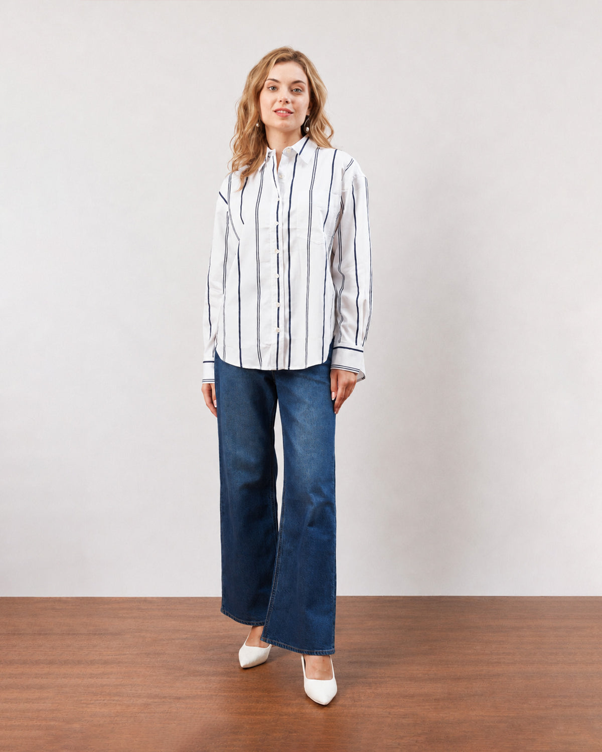 Gazillion Darlina white striped cotton oversized shirt for women, full-length front view