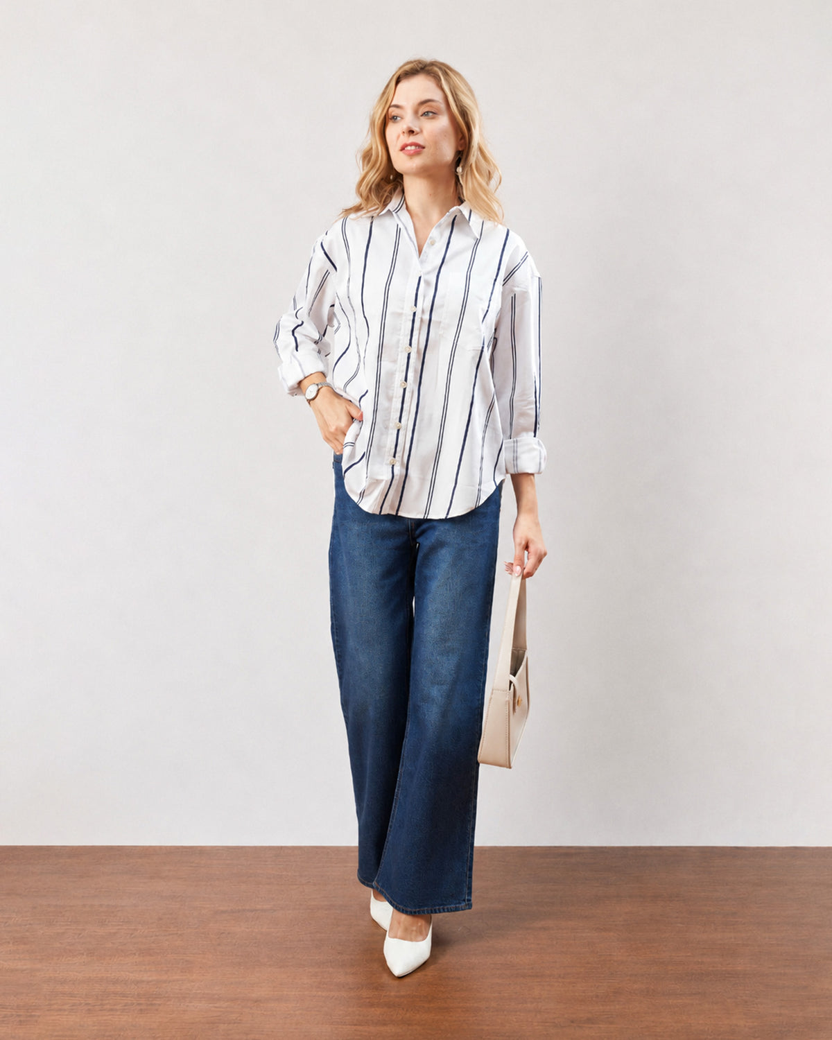 Darlina white striped oversized shirt showing the chest patch pocket and hidden dignity buttons