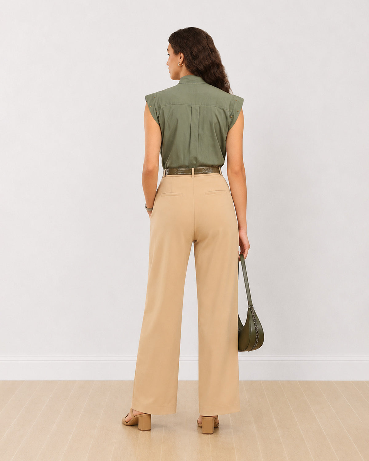 Darren sage green cap sleeves cotton shirt, back view showing the back yoke and studded cap sleeves