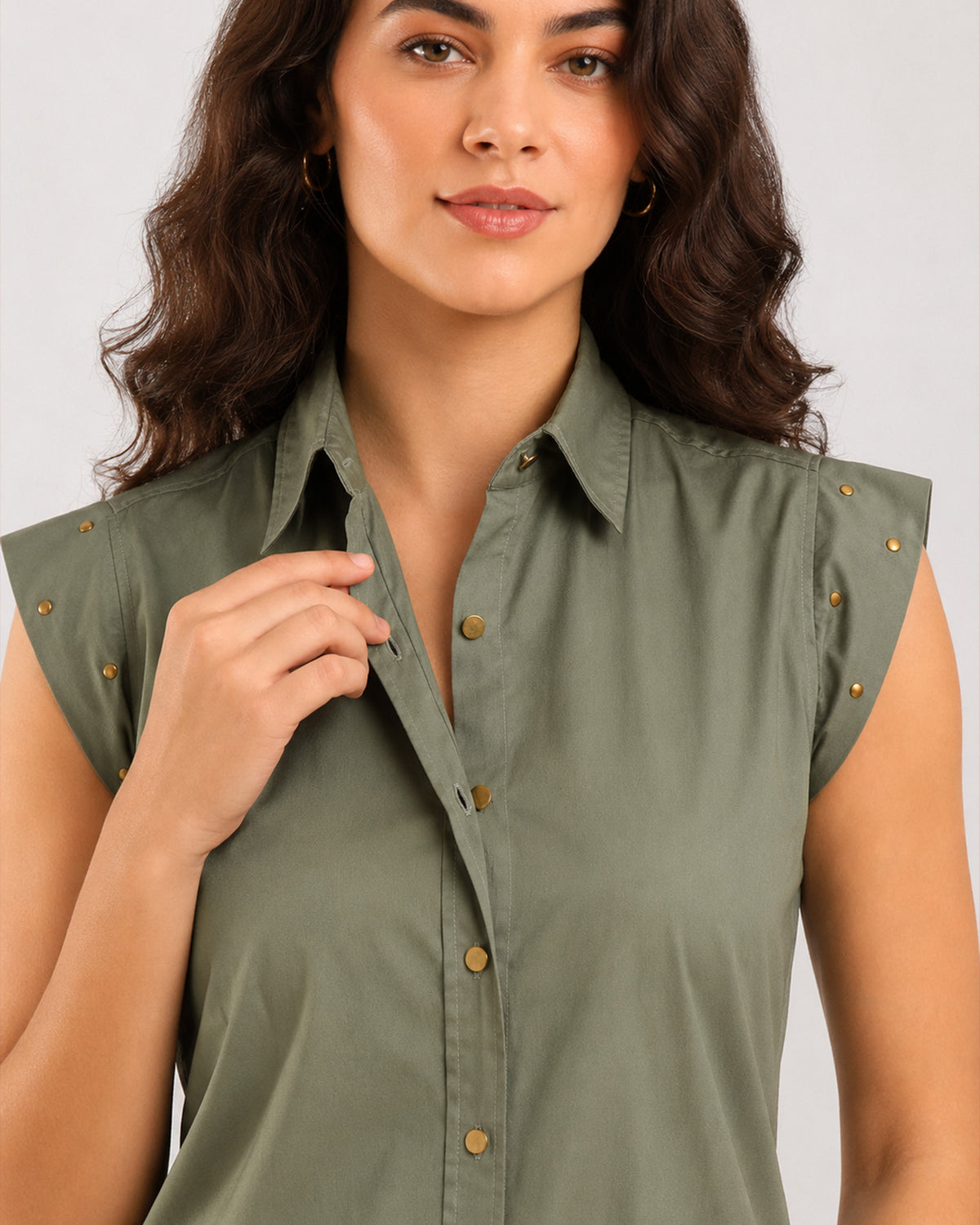 Close-up of Darren sage green shirt collar, front placket and stud detailing