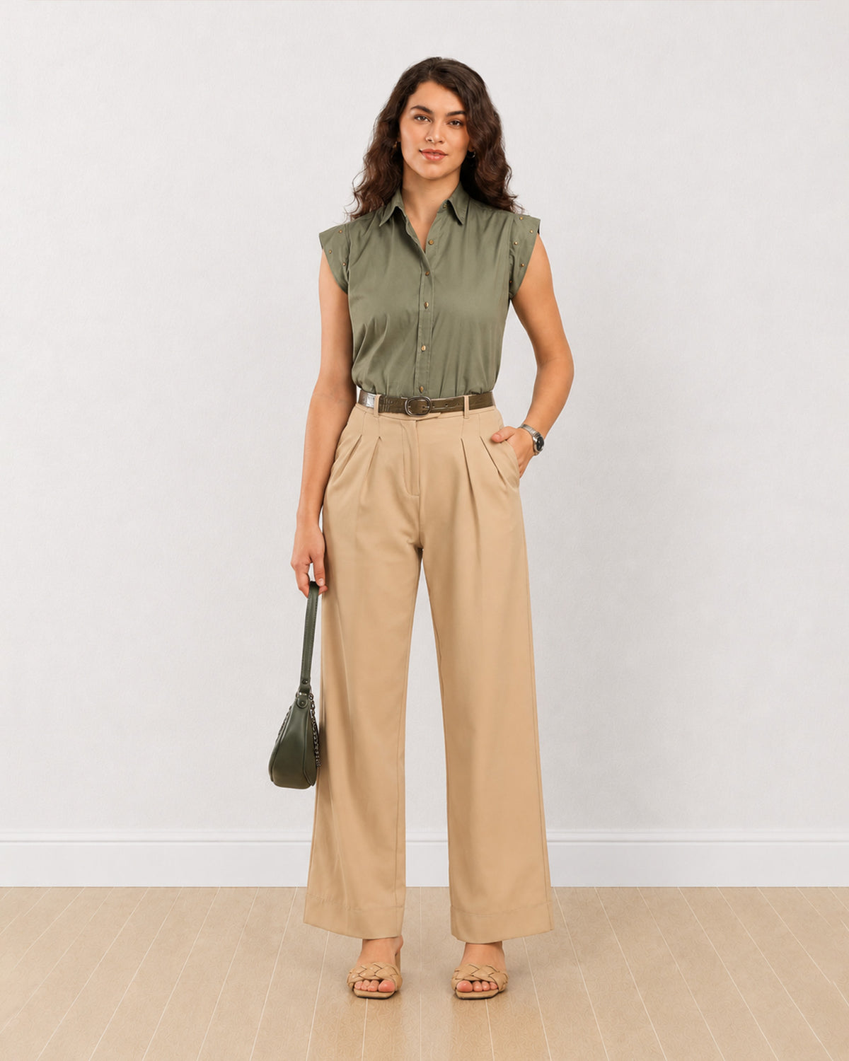 Gazillion Darren sage green cap sleeves cotton shirt for women, full-length front view