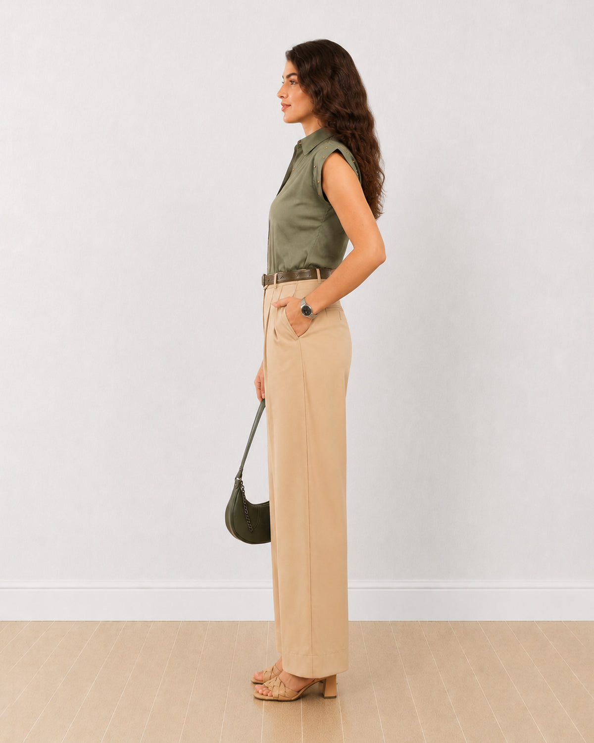 Darren sage green cap sleeves shirt with a straight fall, side profile view