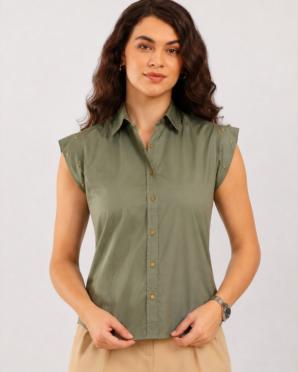 Darren sage green shirt showing the metal studded cap sleeve and placket with metal buttons
