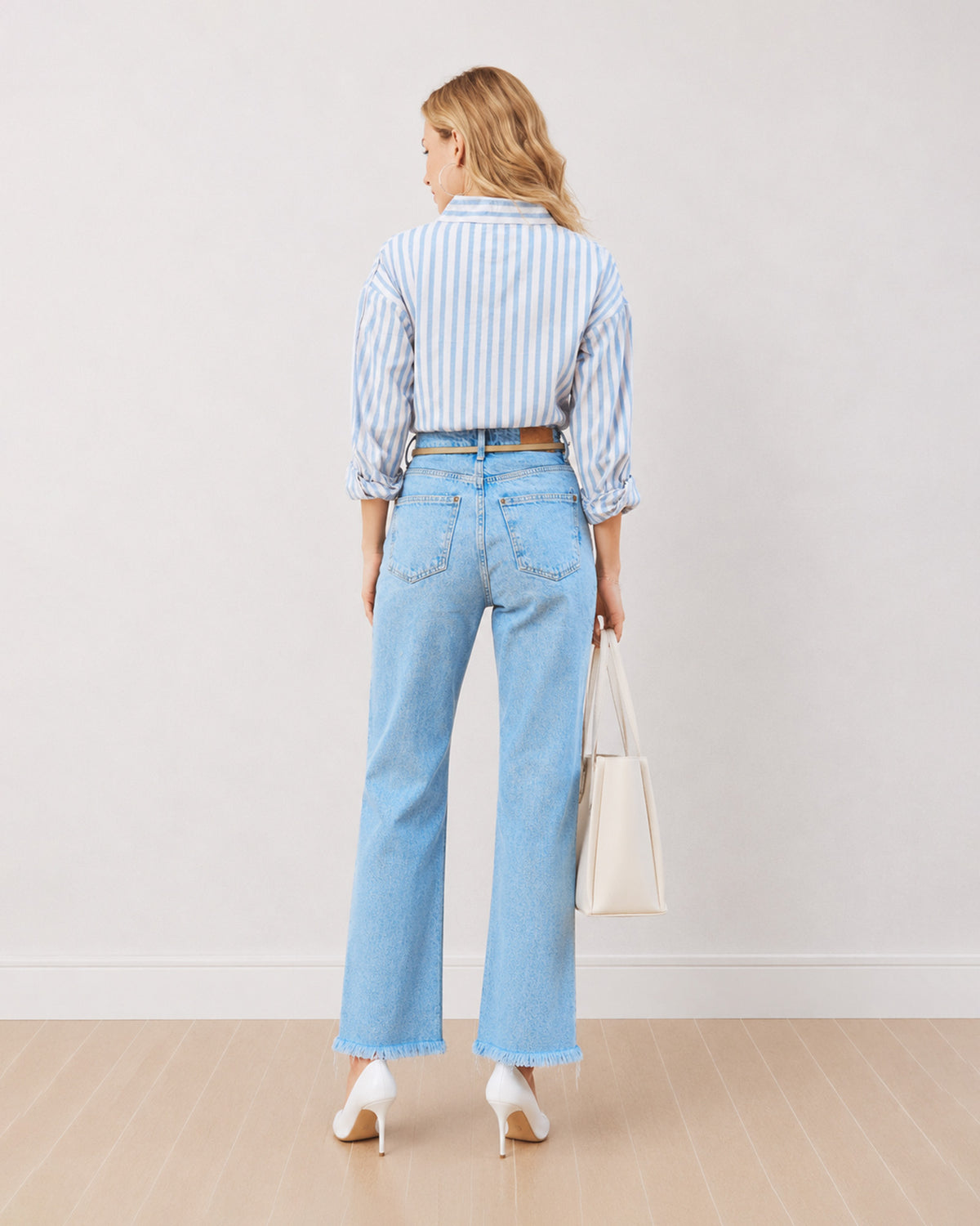Darryl striped shirt, back view showing the striped back and drop shoulder