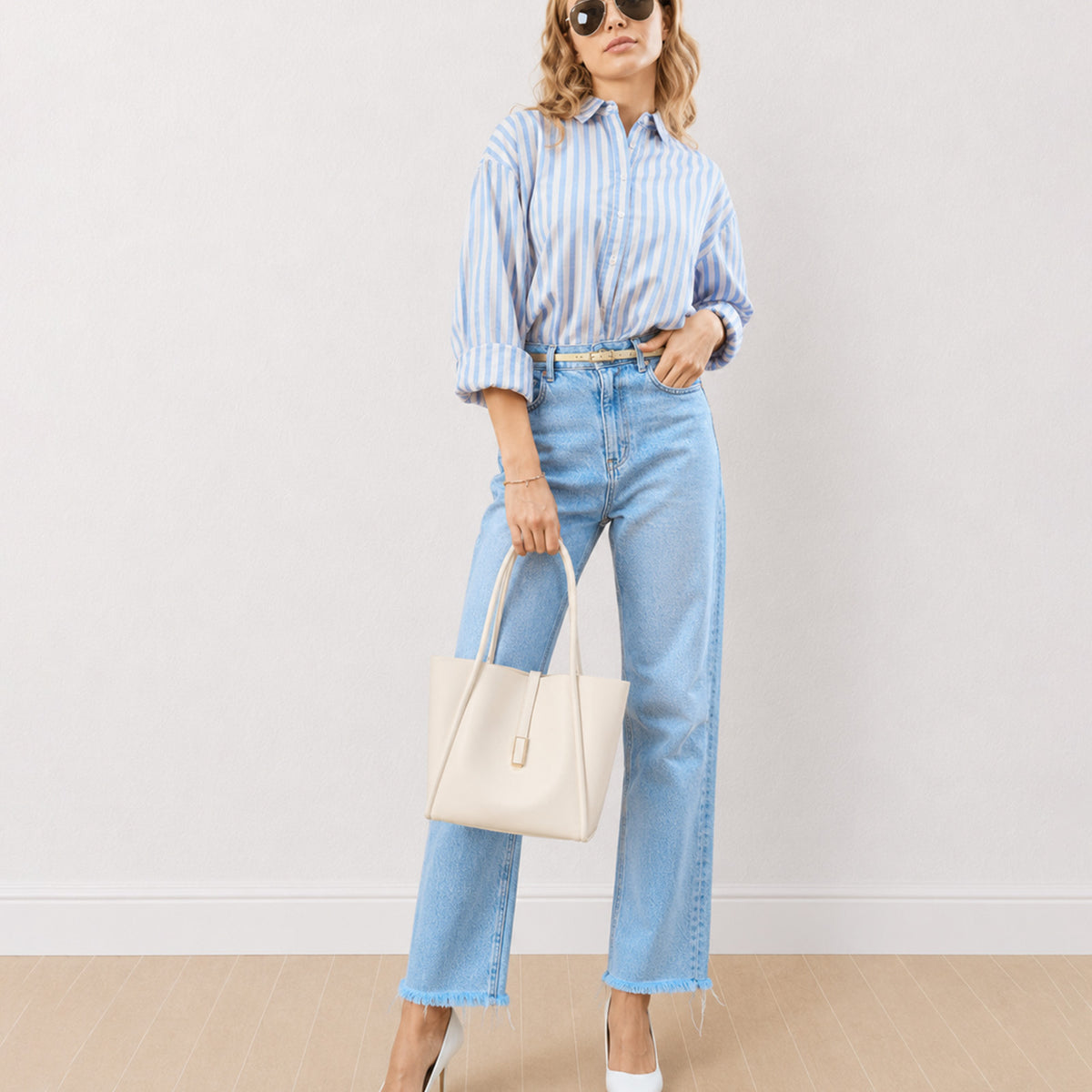 Gazillion Darryl pink and blue striped casual shirt for women, full-length front view