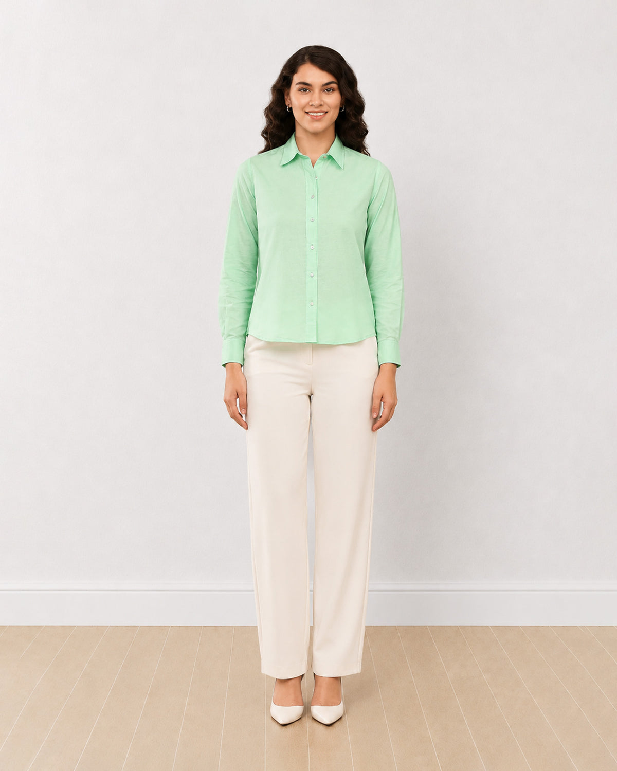 Gazillion Davina light green cotton formal shirt for women, full-length front view