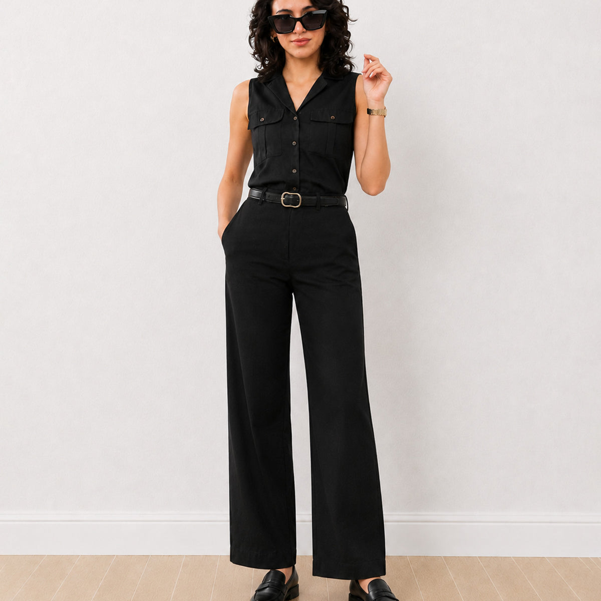 Gazillion Dawn black sleeveless utility shirt for women, full-length front view