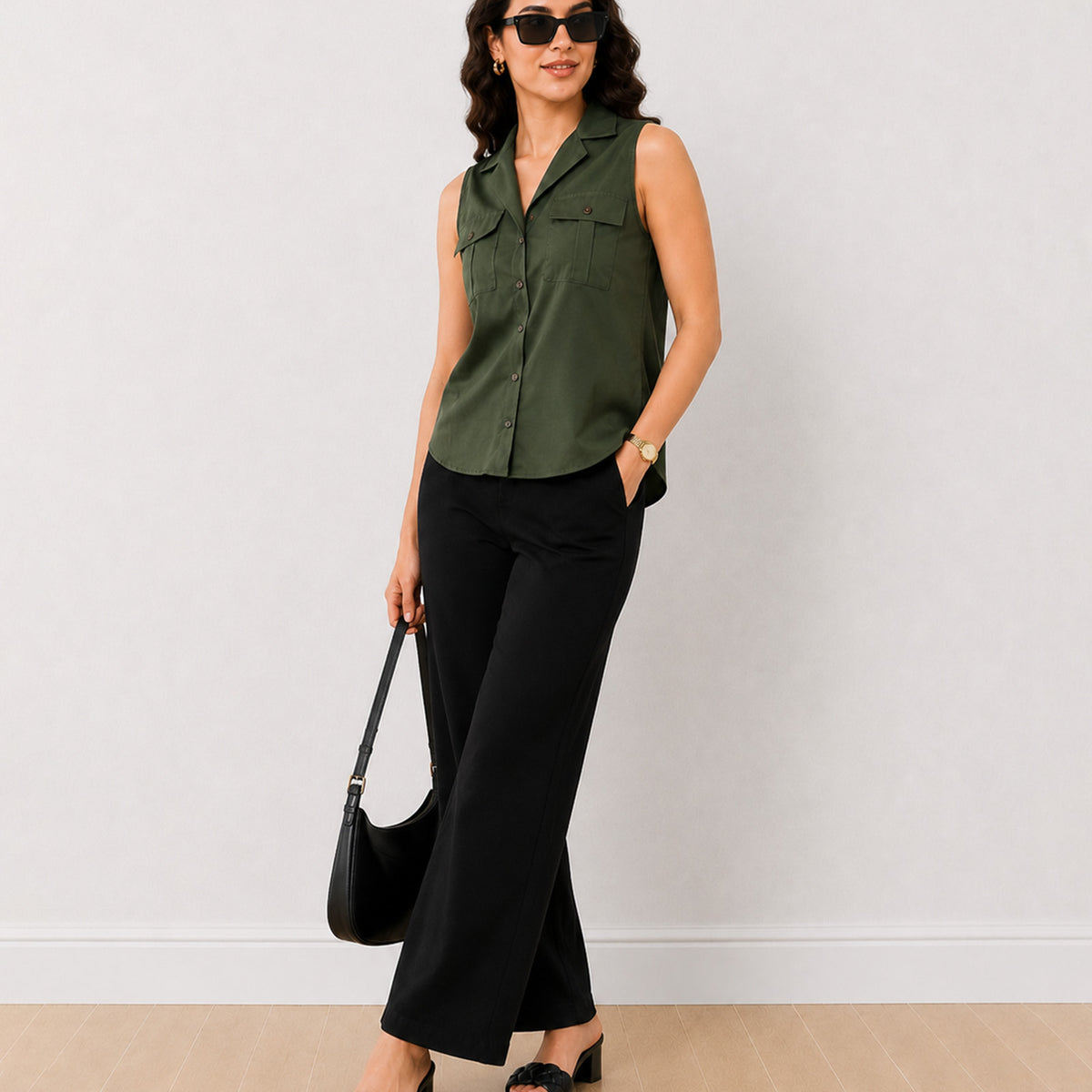 Gazillion Dawn olive green sleeveless utility shirt for women, full-length front view