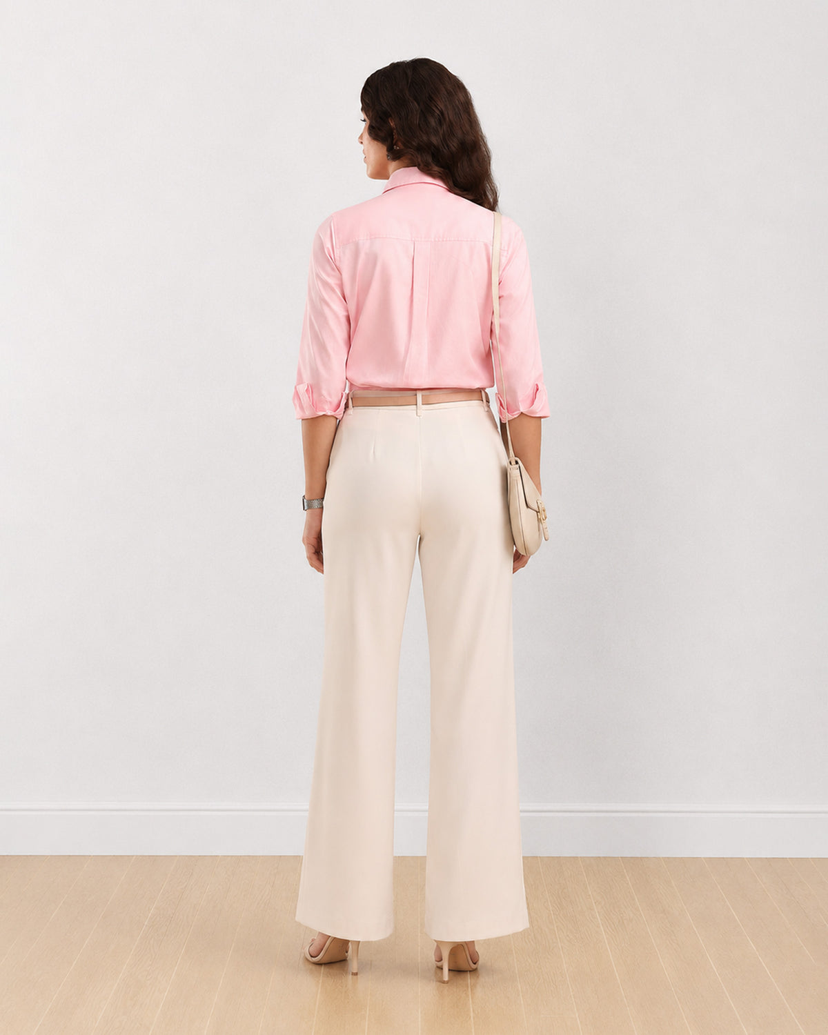 Deborah baby pink cotton shirt, back view showing the yoke and centre back pleat