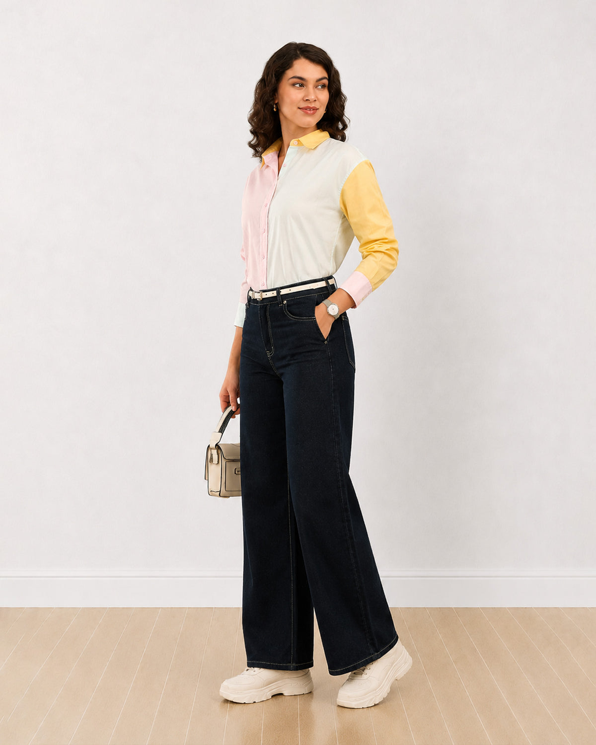 Deera pastel colour blocked oversized shirt with full sleeves, angled front view