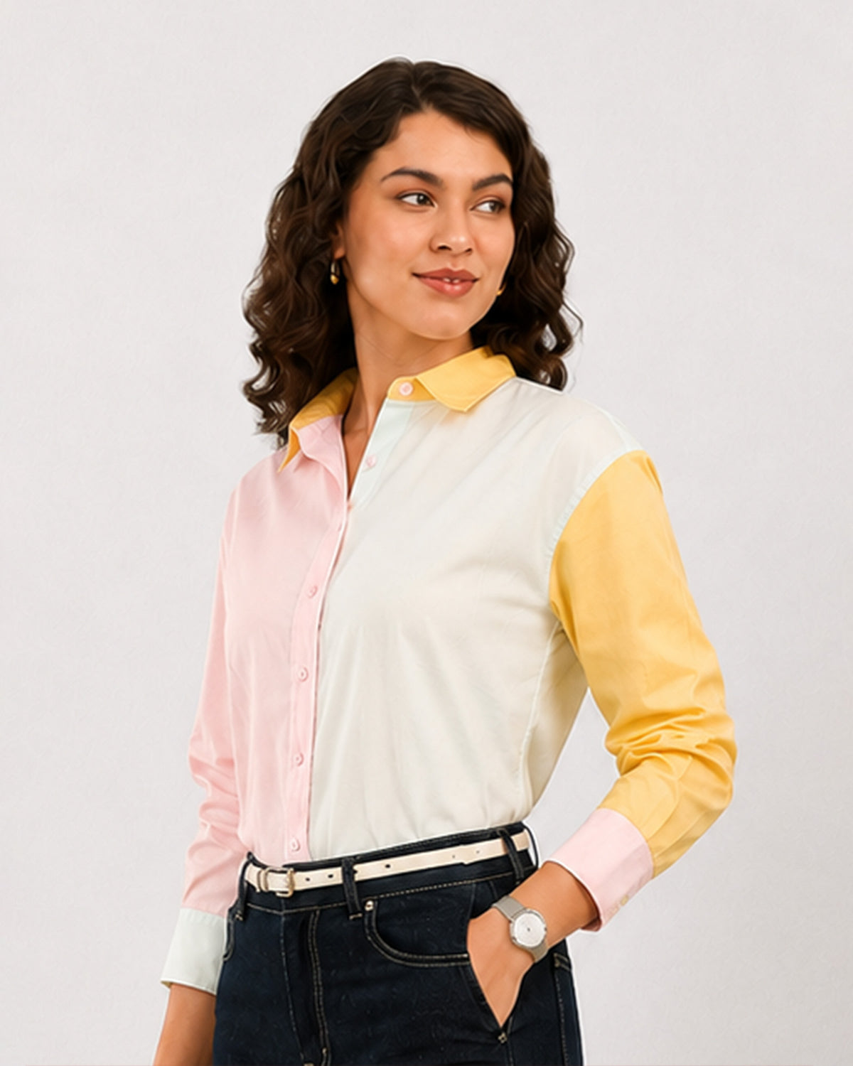 Deera pastel colour blocked 100% cotton shirt with an oversized fit, angled front view